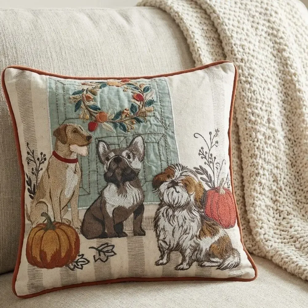 Pier 1 One Embroidered Autumn Dog French Bulldog Golden Retriever 15